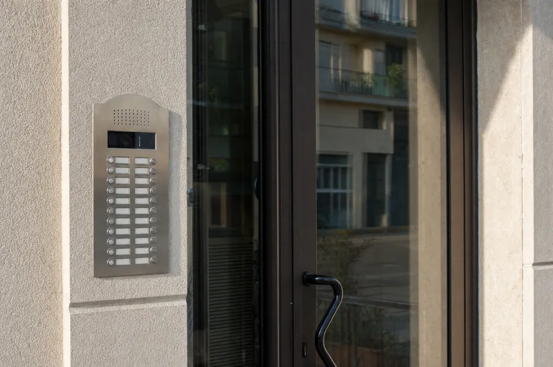 Un telefono e un citofono all’ingresso di un condominio.