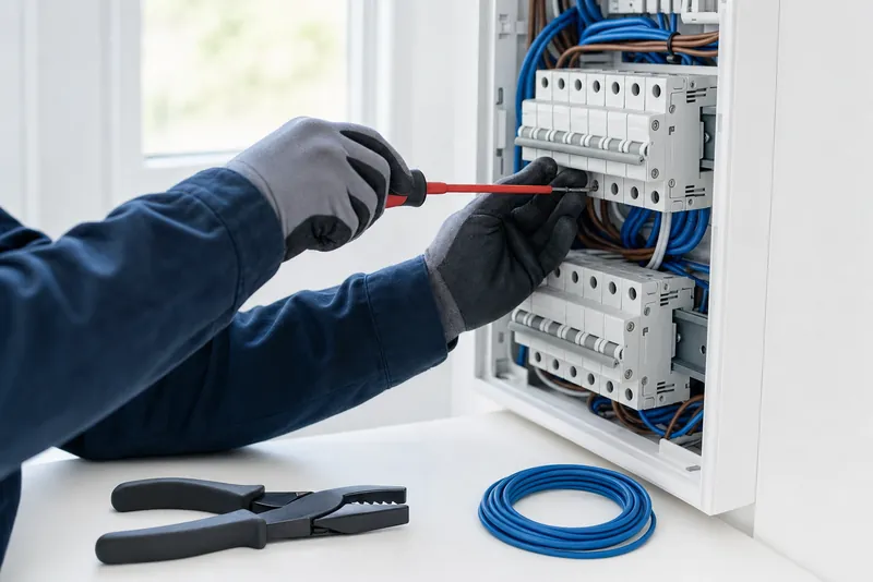 Un installatore al lavoro dentro un quadro elettrico.